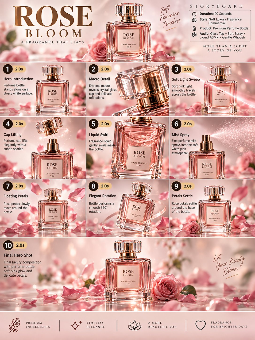 luxury rose perfume commercial storyboard