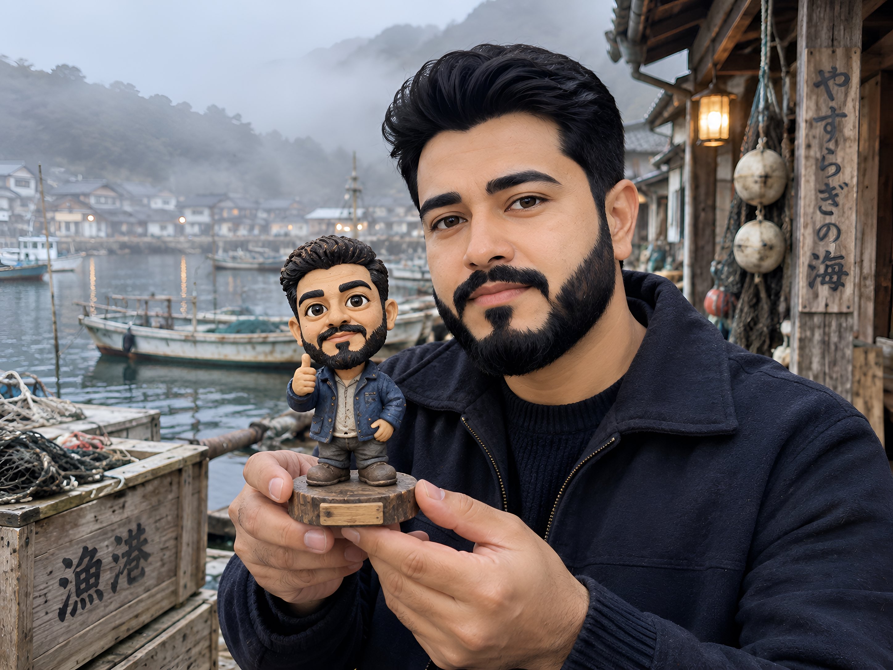 photorealistic person holding clay doll self